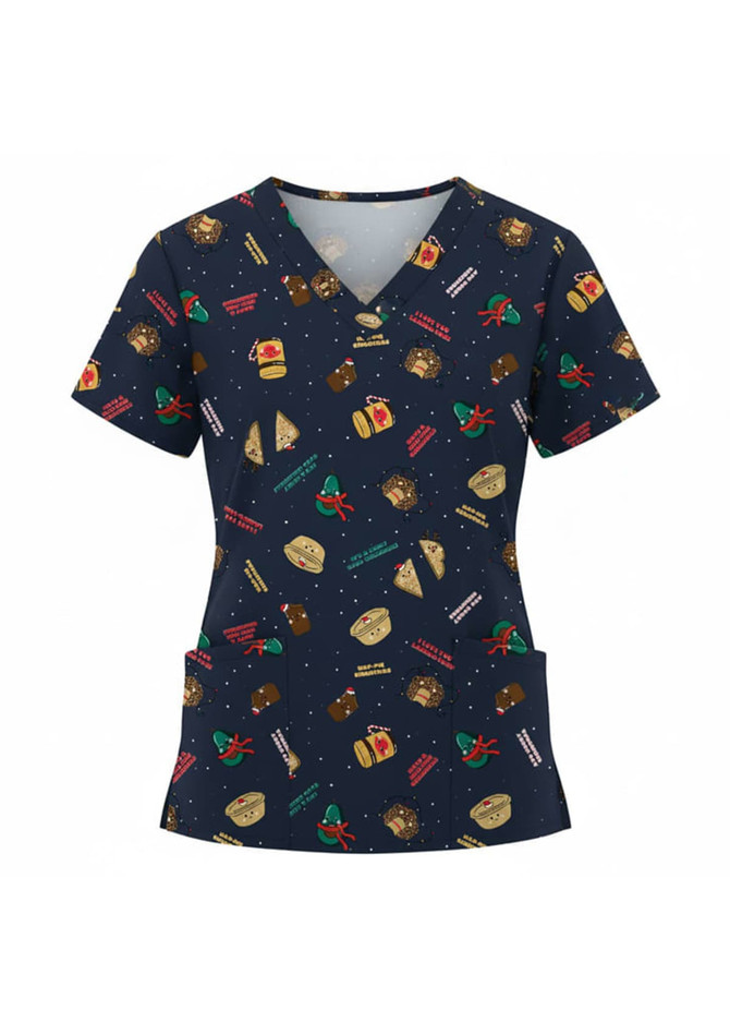A navy Christmas scrub top featuring festive patterns such as gifts, ornaments, and holiday treats, with two front pockets.