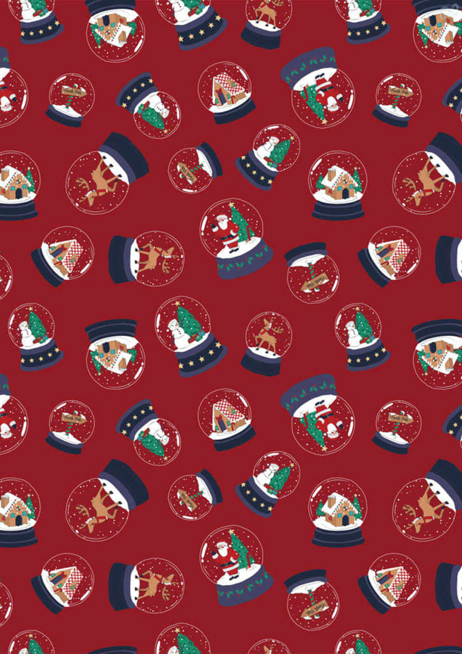 A festive red fabric featuring various Christmas snow globes with holiday scenes and characters.