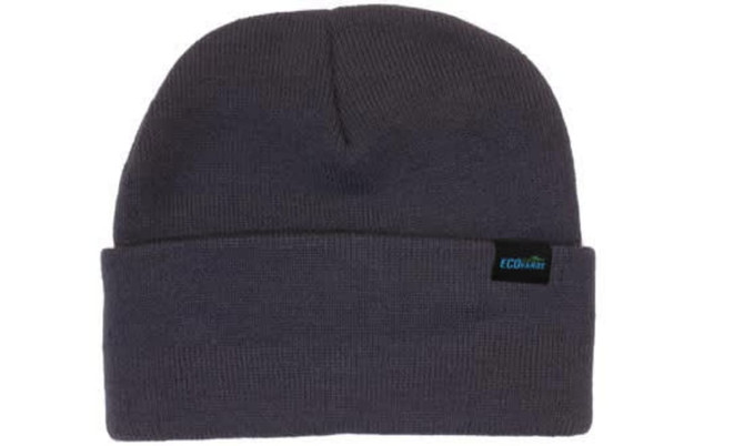 A dark grey beanie with a folded cuff and a small logo tag. Suitable for casual headwear.