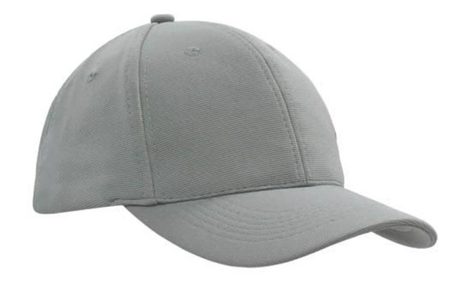 A grey cap featuring a structured design and a curved brim. It has a logo on the front.