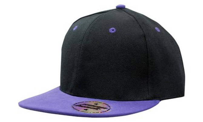 A black and purple cap featuring a flat brim and a logo on the front. The cap has a snapback adjustment.