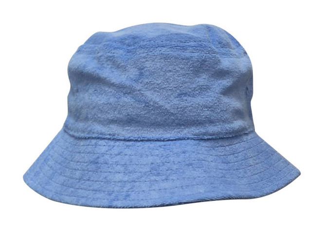 A blue terry towelling bucket hat with a wide brim and a soft texture. It includes a logo.