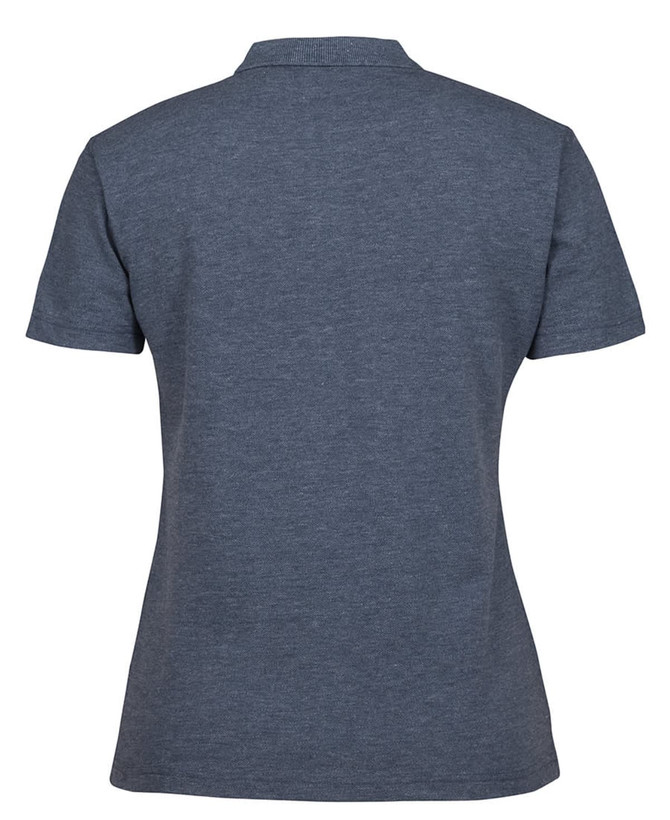 A grey polo shirt with a classic collar and short sleeves. It features a branding logo on the back.