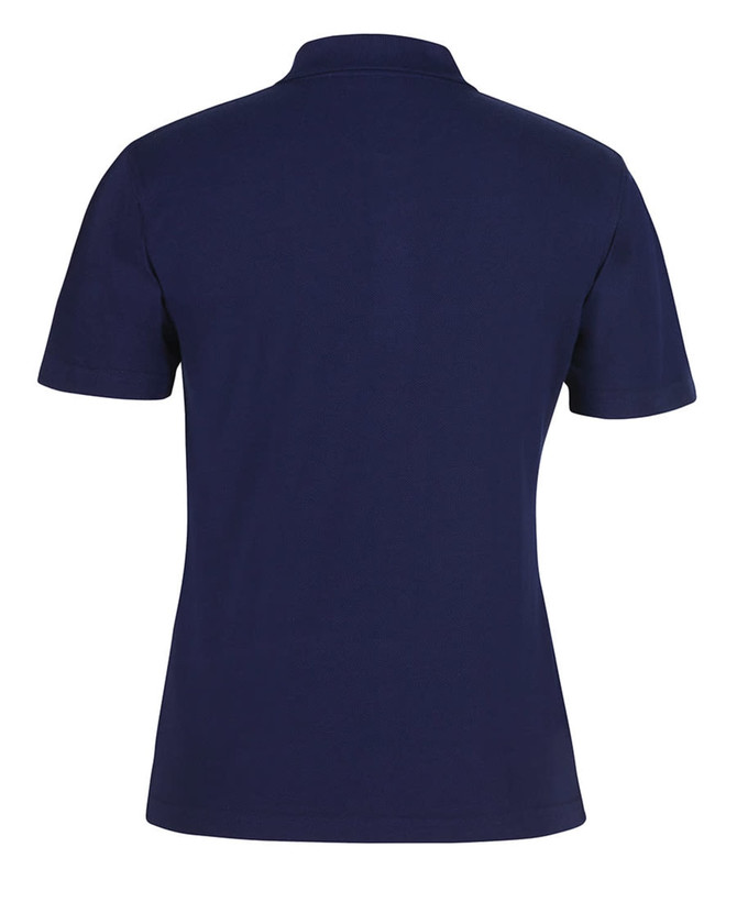 A navy blue polo shirt with a classic collar and short sleeves, featuring a logo on the back.