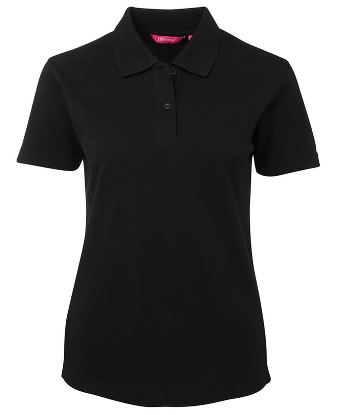 A black ladies' polo shirt featuring a collar and a three-button placket, with a logo on the chest.