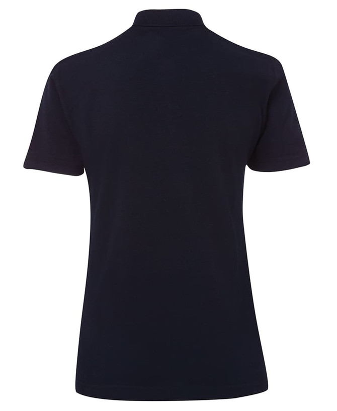 A navy blue ladies' polo shirt with short sleeves and a collar, featuring a logo on the back.