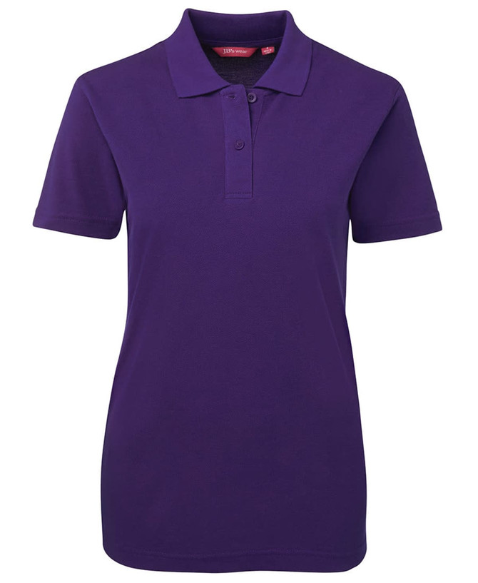 A purple polo shirt featuring a collar, short sleeves, and a logo on the chest area.