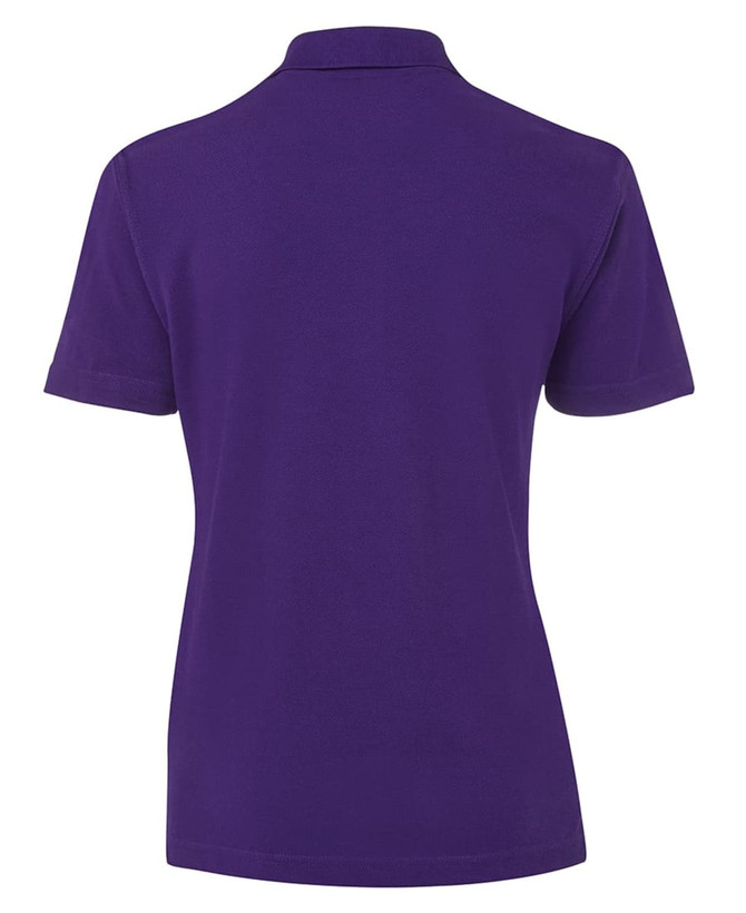 A purple polo shirt featuring a classic collar and short sleeves. The back view showcases a minimalist design.