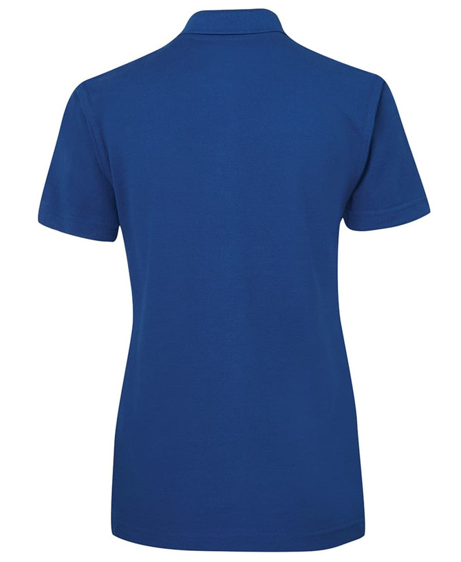 A blue polo shirt featuring a collar and short sleeves, with a logo on the back.