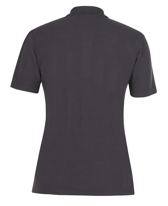 A dark grey polo shirt with a classic collar and short sleeves, featuring branding on the back.