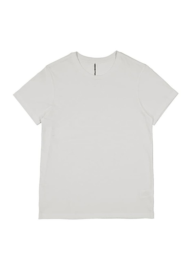 A white short sleeve women's t-shirt with a logo on the front. Simple and classic design.