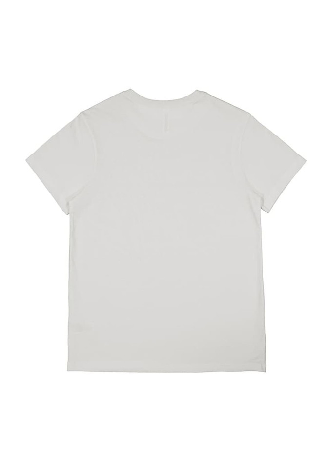 A white women's short sleeve t-shirt featuring a simple design and a small logo on the back.