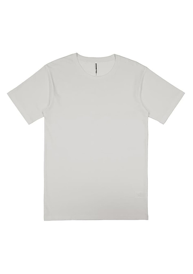 A plain white men's short sleeve t-shirt with a subtle logo on the bottom.