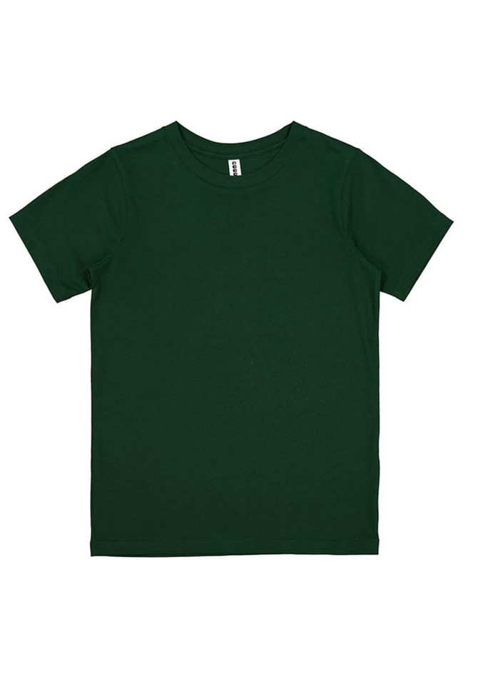 A green short sleeve T-shirt featuring a tag and no visible logos.