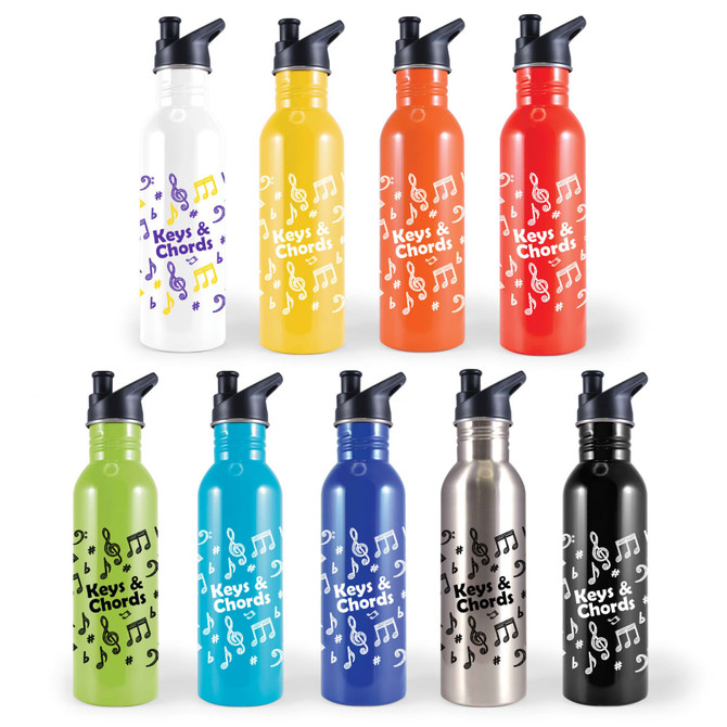 A drink bottle collection with white, yellow, orange, red, green, blue, stainless steel, and black finishes featuring a logo and musical notes.