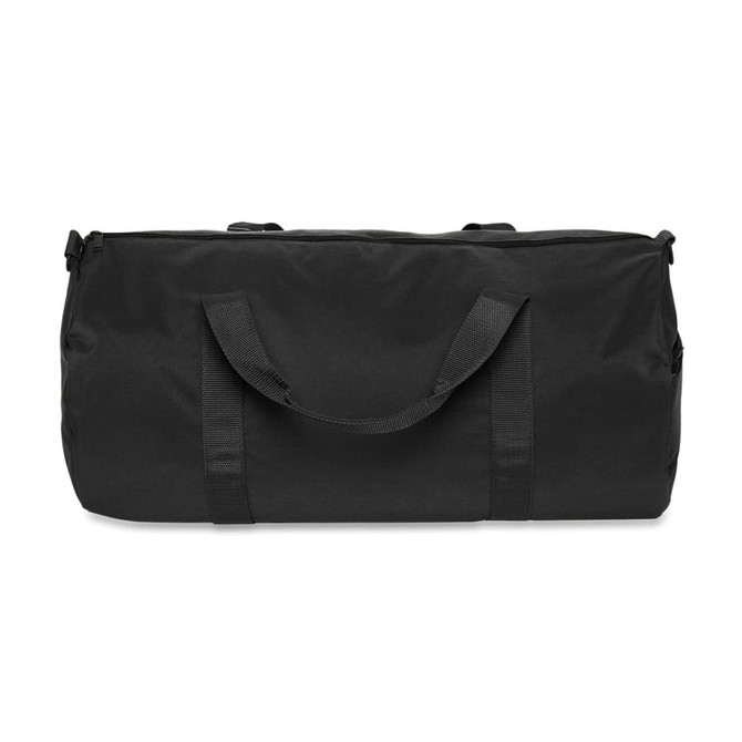 A black duffel bag with two handles and a zip closure, featuring a simple design and a logo.