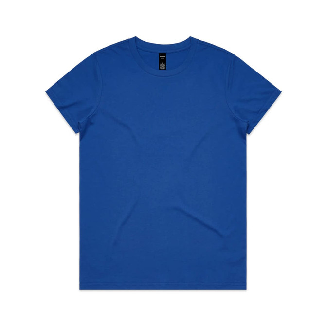 A blue T-shirt featuring a simple design and a logo on the label.
