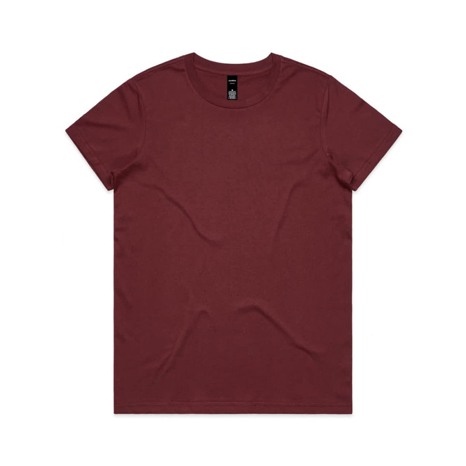 A maroon T-shirt with a crew neck and short sleeves, featuring a logo at the neckline.