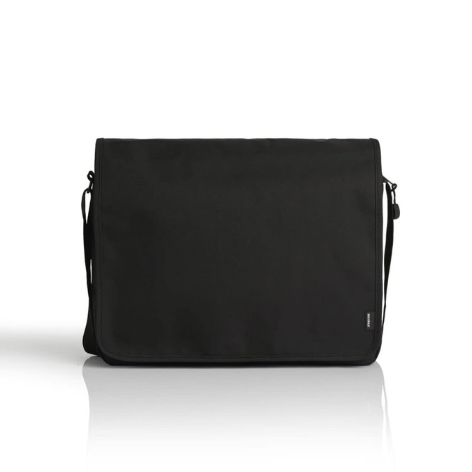 A black recycled messenger bag with a sleek design and an adjustable shoulder strap. Features a logo on the side.