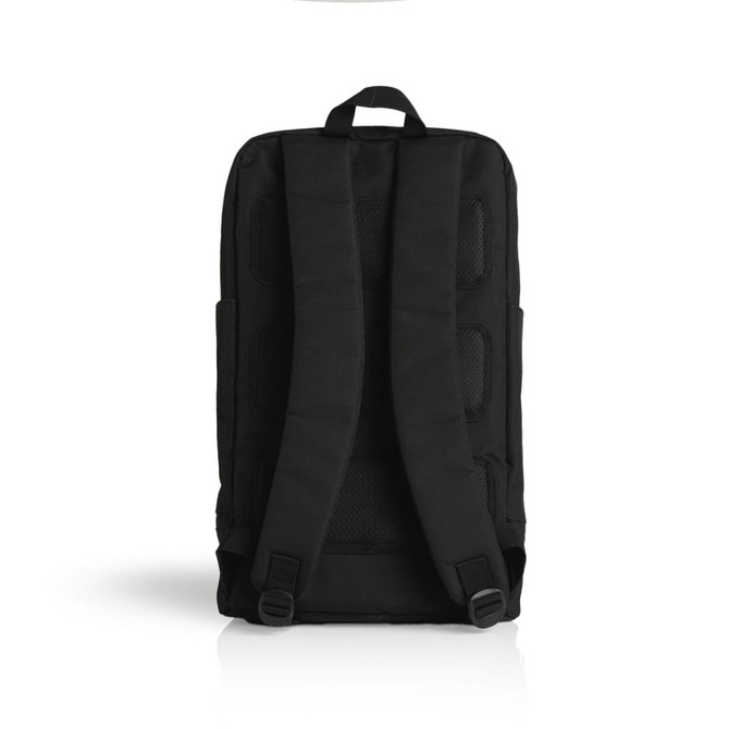 A black recycled travel backpack features mesh straps and a logo on the back.