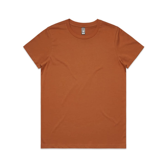 A brown t-shirt with a round neck and short sleeves, featuring a logo on the label.