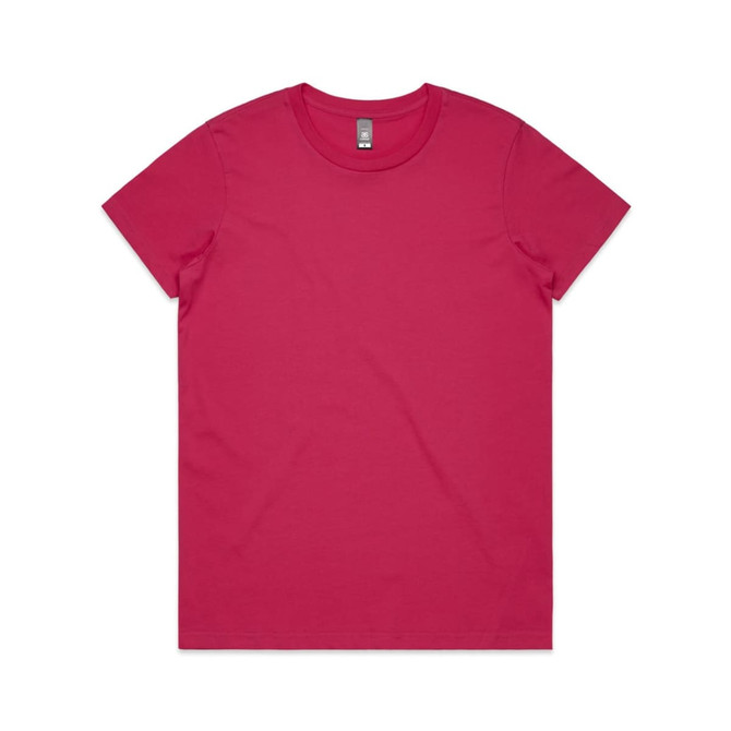 A pink t-shirt with a round neckline and short sleeves, featuring a logo on the label.