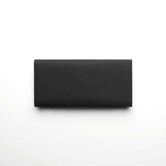A black recycled long wallet with a simple design and a branding logo.