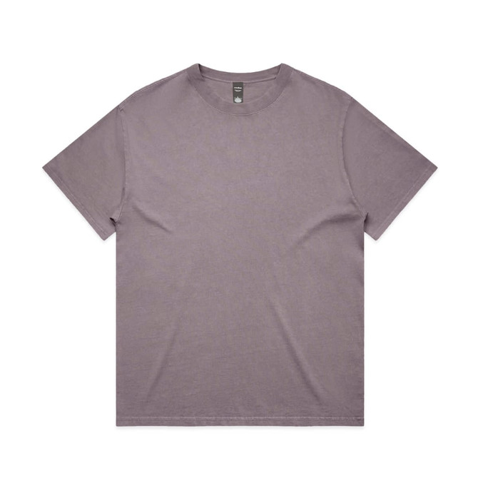 A heavy faded tee in a muted purple colour, featuring a simple crew neck and short sleeves. It has a logo tag.