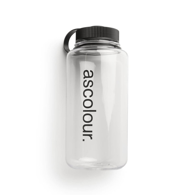 A clear drink bottle with a black lid and a branded logo.