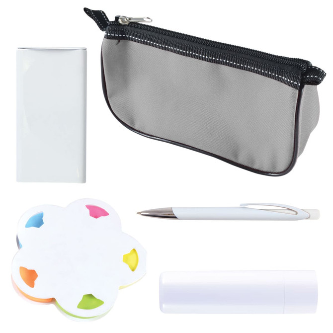 A set of gray and white promotional items including a pouch, pen, sticky notes in flower shape, and a lip balm tube.