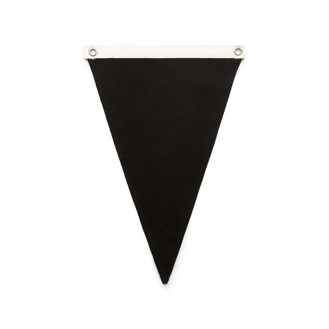 A black canvas pennant flag with metal grommets at the top for hanging.