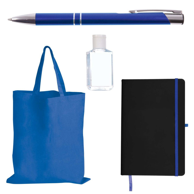 A blue tote bag, a blue pen, a clear hand sanitizer bottle, and a black notebook with a blue elastic band.