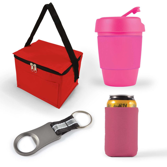 A cooler bag in red, a pink drink cup with a lid, a silver bottle opener, and a pink can cooler.