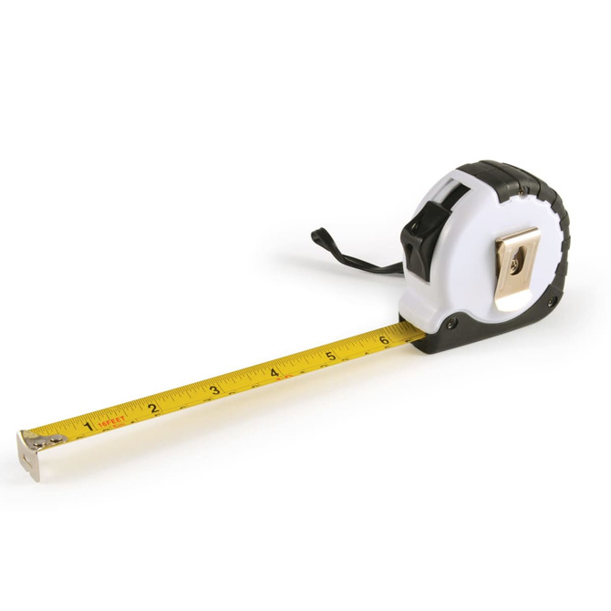 A measuring tape in black and white with a bright yellow retractable tape extending from it. It features a branding logo.