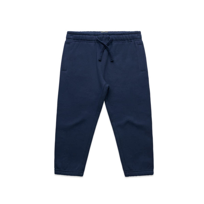 Navy track pants featuring an elastic waistband and drawstring, designed for kids with two side pockets.