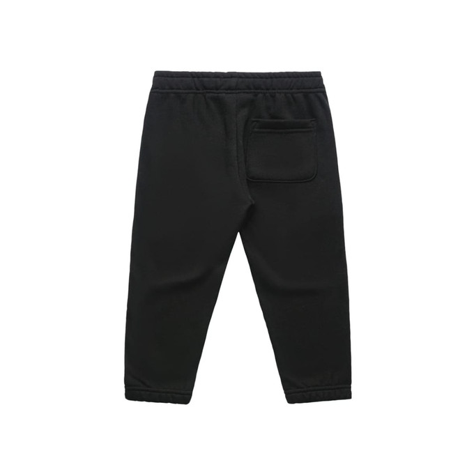 Black kids' track pants featuring an elastic waistband and a back pocket. The fabric appears soft and comfortable.