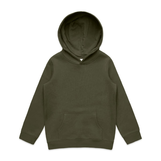 A green hoodie featuring a front pocket and a hood, designed for kids. It has a logo on the label.