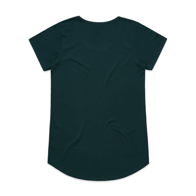 A dark green t-shirt with short sleeves and a rounded hem, featuring a brand logo.