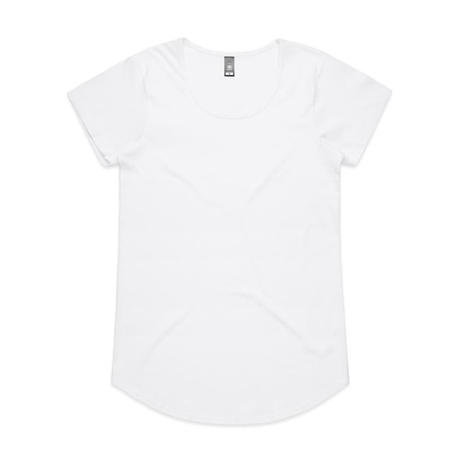 A white t-shirt with short sleeves and a rounded neckline. It features a small logo on the tag.