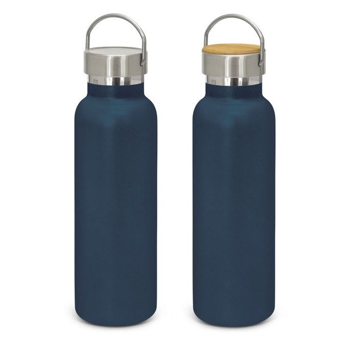 A drink bottle in navy blue with a stainless steel lid and a wooden accent, featuring a handle.