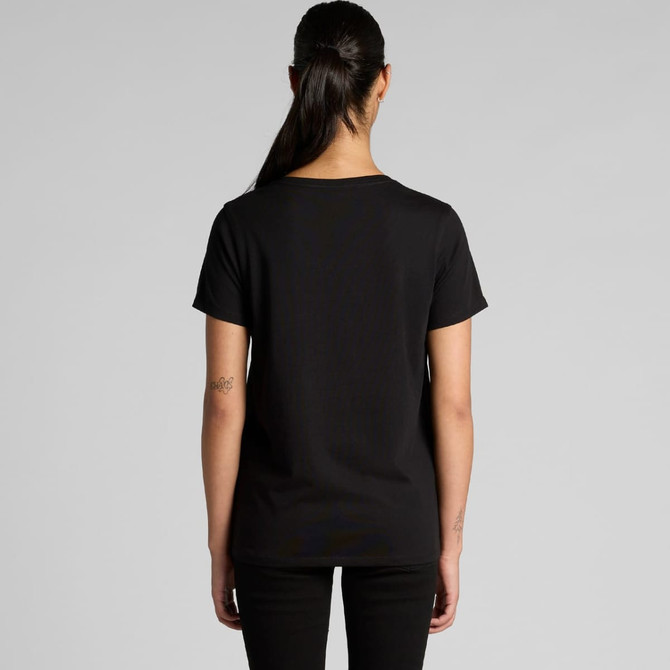 A black t-shirt is displayed from the back, featuring a simple design and a logo on the back.