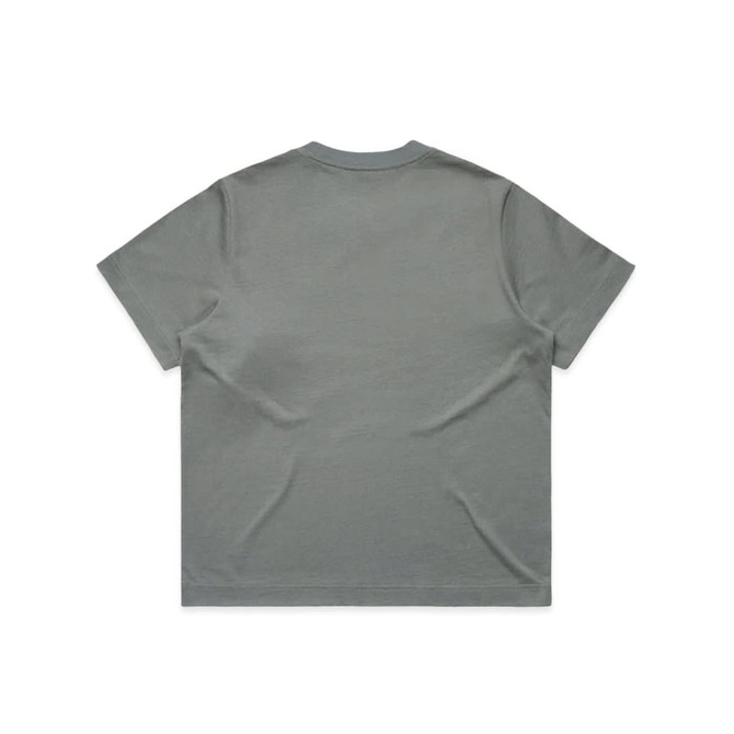 A grey, short-sleeved T-shirt featuring a plain back and a logo.