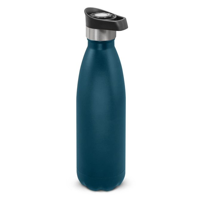 A drink bottle in deep teal with a stainless steel top and a push button lid, featuring a logo.