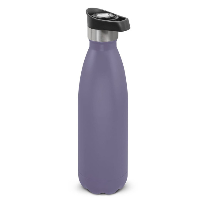 A drink bottle in a matte lavender finish with a black push button lid and stainless steel top, featuring a logo.