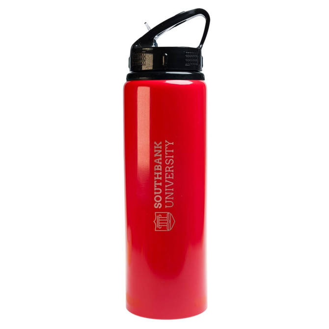 A drink bottle in bright red with a flip straw lid and a black handle, featuring a branding logo.