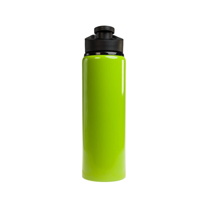 A drink bottle in bright green with a black free flow lid, featuring a smooth, glossy finish.