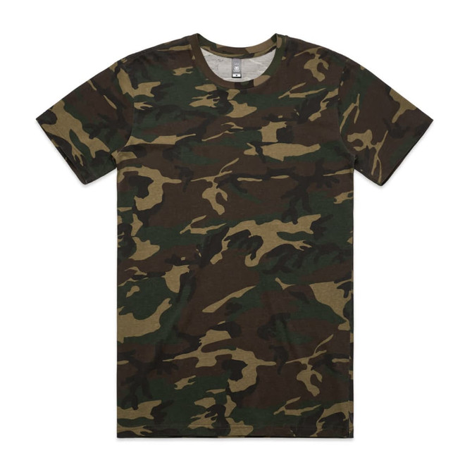 A camouflage patterned T-shirt in shades of green and brown. The shirt features a crew neckline and has a logo.