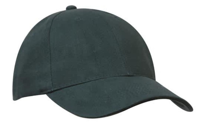 A dark green cap with a smooth finish, featuring a curved brim and a logo on the front.