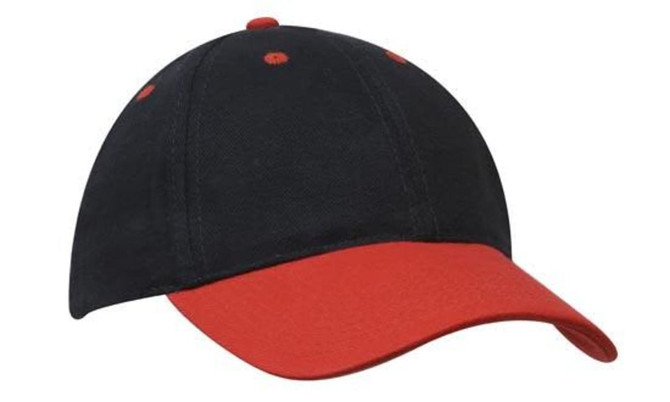 A cap featuring a black crown and a red peak, with a logo on the front.