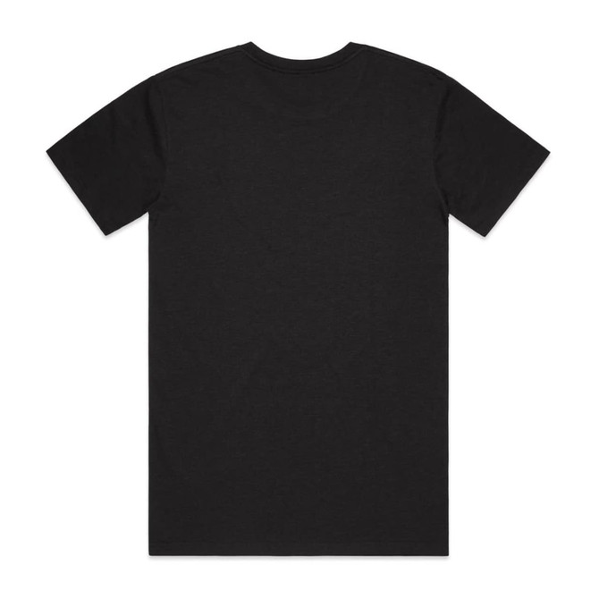 A black T-shirt with short sleeves and a classic crew neck. Features a logo on the back.